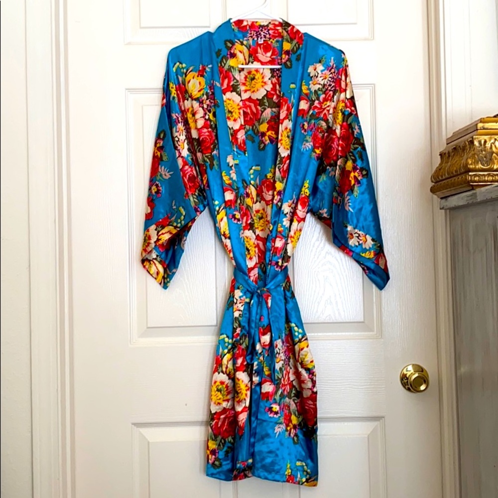 Teal silk robe with red pink and yellow flowers